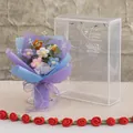 Handmade crochet carnation bouquet in a transparent gift box with purple ribbon - Puff Flower Colorful Series (Medium Gift Box)