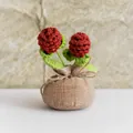 Handmade crochet rose potted plant in brown burlap bag with two red flower buds - Jujube Red Pine Cone Style