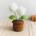 Pianta in vaso lavorata a mano con due tulipani bianchi e etichetta Hand Made in pelle - Tulipano Grosso a Doppia Testa / Bianco