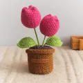 Pianta di tulipano all'uncinetto rosso rosa fatta a mano con etichetta marrone - Tulipano Grosso a Doppia Testa / Rosso rosa