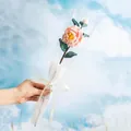 Handmade crochet pink rose flower bouquet with white love ribbon in transparent gift bag - Camellia Pink