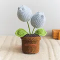 Tulipano all'uncinetto fatto a mano azzurro in vaso con etichetta in pelle Hand Made - Tulipano Grosso a Doppia Testa / Azzurro