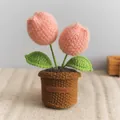 Pianta di tulipano rosa all'uncinetto fatta a mano con etichetta in pelle Hand Made - Tulipano Grosso a Doppia Testa / Rosa Dolce