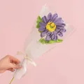 Handmade knitted purple daisy flower bouquet in white wrapping with love ribbon - Gerbera Purple