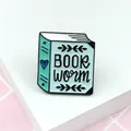 Cartoon enamel book worm brooch badge with green leaves and a blue heart design - Book Shape (XZ0625)