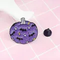 Detail of purple enamel Halloween pumpkin pin with bats, stars and moon patterns - Purple Bat Pumpkin (XZ0278)