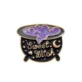 Detail of black Sweet Witch cauldron enamel pin with purple glitter and golden accents - Magic Potion Cauldron (XZ0280)