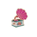 Retro-Grammophon-Emaille-Pin mit rosa Horn und weißem Blumenkörper mit Goldrand - Vintage Grammophon Stil (XZ0077)