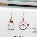 Asymmetric Halloween gold earrings with a white ghost strawberry and pink puffer fish - Asymmetric Ghost and Pufferfish Style (EAR2594)