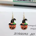 Halloween pumpkin earrings with black wizard hats for women, festive orange enamel jewelry - Witch Hat Pumpkin Style (EAR2596)
