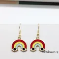 Rainbow eye hook earrings in gold alloy with red, yellow, and blue enamel finish - Rainbow And Eyes (EAR2601)