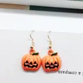 Halloween pumpkin drop earrings in bright orange enamel with festive golden hooks - Classic Jack-O'-Lantern Style (EAR2597)
