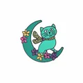 Dettaglio ravvicinato di una spilla smaltata con gatto verde seduto sulla luna - Stile Gatto Sulla Luna Verde Menta (XZ1122)