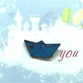 Cute dark blue paper boat enamel brooch with a small red heart on a storybook card - Blue Paper Boat Style (XZ0938)