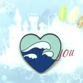 Ukiyo-e wave heart-shaped enamel brooch with deep blue and white sea patterns - Heart Wave Style (XZ0934)