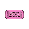 Pink Loners Social Club enamel pin styled as a vintage movie ticket with heart design - Pink Ticket Stub Style (XZ1520)