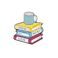 Lindo pin de esmalte con libros y taza de café y texto Drink Read Love en libros - Libros Apilados y Taza de Café (XZ2246)