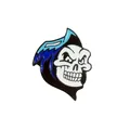 Cartoon skeleton enamel pin wearing a bright blue hoodie with a punk shark theme - Skeleton With Blue Hood (XZ1579)