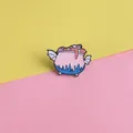 Creative pink witch cauldron enamel pin with blue flames and white bat wings - Magic Cauldron Style (XZ1727)