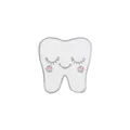 Detailed close-up of a cute white tooth enamel pin with a smiling cartoon face and silver trim - Cartoon Tooth (XZ0545)