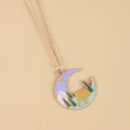 Gold crescent moon pendant necklace with mountain forest and cabin landscape scene - Crescent Moon Landscape Style (XL3406)