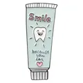 Cute light blue enamel pin shaped like a toothpaste tube with Smile text and cartoon tooth - Creative Toothpaste (XZ0914)