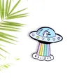 Pastellfarbene Einhorn-UFO-Emaille-Anstecknadel mit Regenbogenstrahl und Schriftzug - Einhorn UFO Stil (XZ1747)