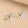 Cartoon astronaut pushing a golden moon shopping cart enamel dangle earrings set - Astronaut Pushing Moon Style (EAR3520)