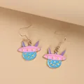 Cartoon UFO spaceship drop earrings with pink and blue enamel and gold stars - Cartoon UFO Spaceship Style (EAR3522)