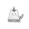Pin's émaillé de chat blanc avec chapeau de fête et slogan Party Hard sur le socle - Style de Chat Party Hard (WY2624)