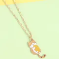 Cute cartoon cat holding fish pendant necklace with gold chain and colorful enamel finish - Cat Holding Fish Style (XL3710)