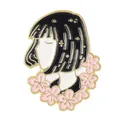 Anime enamel pin featuring a black-haired girl with pink cherry blossoms in gold finish - Sakura Girl Style (WY2901)