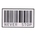 Macro view of rectangular enamel pin with barcode and Never Stop slogan - Wy3404