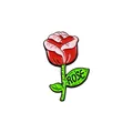 Dettaglio di una spilla a forma di rosa in smalto rosso e rosa con foglie e scritta ROSE - Stile Floreale Rosso Rose (C1762)