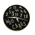 Detail of round black enamel brooch featuring a messy clock design and WHO CARES slogan - Messy Clock Style (W6945)