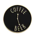 Macro shot of circular black and gold enamel pin with Coffee and Beer clock design - Coffee Beer Time Style (W6942)