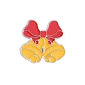 Detail of Christmas enamel brooch featuring a red bow and golden bells with silver edges - Christmas Bells Style (W7347)