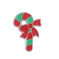 Close-up of Christmas candy cane enamel pin with red bow and green stripes detail - Candy Cane Style (W7351)