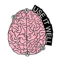 Detailed view of pink brain enamel pin featuring USE IT WELL text and A B letter markers - Brain Inspirational Style (W7451)