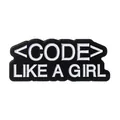 Detail of enamel pin with code symbol and Like A Girl text on black background - W7737