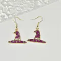 Paarse toenaarshoed oorbellen met goud metaal en groene sterren voor Halloween sieraden - Paarse Tovenaarshoed (EAR5129)