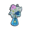Detail of floral enamel brooch with tulips and a bee inside a blue lab beaker - Pink Tulip Flask With Bee Style (XZ0794)