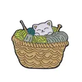 Cute white cartoon cat resting in a basket of colorful yarn balls enamel brooch - Cat in Basket Style (W9280)