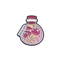 Macro detail of magic potion enamel pin with red mushrooms and 'DRINK UP' label - Drink Up Pink Mushroom Potion Bottle Style (QHXZ852)