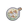 Detail of an enamel pin featuring orange mushrooms inside a glass bottle with star accents - Mushrooms Orange Mushroom Round Bottle Style (QHXZ853)