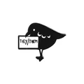 Minimalist black bird enamel pin with They/Them pronoun tag in polished zinc alloy - Qhxz1020