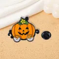 Broche émaillée en forme de carrosse citrouille d'Halloween avec visage de citrouille sculpté - Style Carrosse Citrouille Jack-O-Lantern (CZ0181-5)