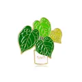 Close-up of a potted plant enamel brooch with green leaves and a white base pots - Layered Green Leaf Potted Style (CZ0317-4)