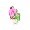 Detail of pink and green tropical plant enamel pin with gold edges in a white pot - Tropical Caladium Potted Style (CZ0317-3)