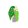 Detail of enamel Monstera leaf brooch with green leaves and a gray plant pot - Monstera with Small Flowers Style (CZ0317-2)